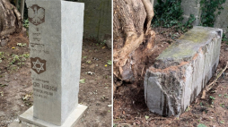 Nagrobek Icchaka Izydora Hirscha po renowcji i przed nią. Fot. Muzeum Żydowskie w Oświęcimiu