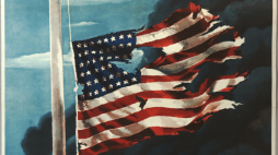 Plakat Allena Saalburga z 1942 r. wydany przez Biuro Informacji Wojennej Stanów Zjednoczonych. Na plakacie fragment przemowy gettysburskiej Abrahama Lincolna z 1863 r.: "niniejszym stanowczo postanawiamy, że śmierć tych zmarłych nie poszła na marne" Źródło: Allen Saalburg, Public domain, via Wikimedia Commons