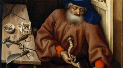 Św. Józef, fragment ołtarza z XV w., którego wykonanie jest przypisywane Robertowi Campinowi i jego warsztatowi. /Źródło: en.wikipedia