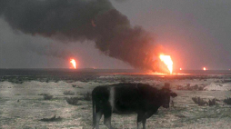 Płonące szyby naftowe w Kuwejcie podpalone przez wycofujące się wojska irackie. Fot. PAP/EPA/FILES/Nicholas Kamm