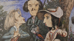 Obraz przedstawiający George Sand (P) trzymającą kolibra symbolizującego Fryderyka Chopina w Muzeum Fryderyka Chopina w Warszawie. Fot. PAP/Radek Pietruszka