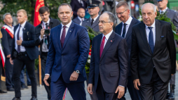 Poznań, 28.06.2026 r. Obchody 70. rocznicy Poznańskiego Czerwca 1956. Od lewej: prezydent RP Karol Nawrocki, prezydent Albanii Bajram Begaj, prezydent Węgier Tamas Sulyok i prezydent Łotwy Edgars Rinkevics. Fot. PAP/Paweł Jaskółka