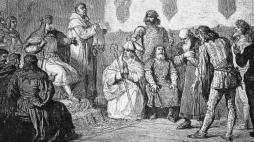 XIX-wieczna rycina wykonana według obrazu Wojciecha Gersona. Książę mazowiecki Janusz I (siedzi z lewej) nadaje przywilej lokacyjny Warszawie w 1413 r. . Fot. Domena publiczna