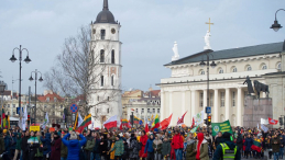 Uczestnicy uroczystego pochodu przez Wilno z okazji obchodów Dnia Odzyskania Niepodległości przez Litwę. 16.02.2020. Fot. PAP/V. Doveiko