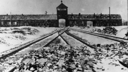 Tory kolejowe, wartownia i brama główna Auschwitz II (Birkenau), widok z rampy wewnątrz obozu, 1945 r. Źródło: Bundesarchiv