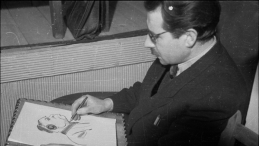 Proces Rudolfa Hoessa przed Najwyższym Trybunałem Narodowym w marcu 1947 r. Na zdjęciu rysownik prasowy portretuje oskarżonego. Fot. PAP
