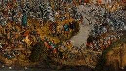 Autor nieznany (malarz z kręgu Lukasa Cranacha Starszego), "Bitwa pod Orszą". Fragment obrazu przedstawiający przemarsz wojsk polskich i litewskich. Źródło: Cyfrowe Muzeum Narodowe