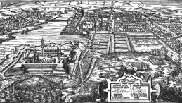 Panorama Nieświeża. Rycina Tomasza Makowskiego z 1604 r. Źródło: Archiwum Ordynacji Nieświeskiej, Wikipedia.