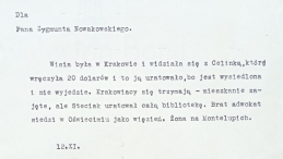 „Przychodzili «kurierzy» od Zygmunta”… Zachowane przez Nowakowskiego „awizowanie” jednej z wielu wypraw. Najprawdopodobniej błąd maszynowy w dacie – raczej 1941 nie 1940 rok, zbiory Biblioteki Polskiej POSK w Londynie.