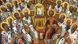 Sobór nicejski. Ikona Michaela Damaskenosa z XVI wieku. Wykonana dla klasztoru Wrontisi na Krecie. Przechowywana w muzeum w Heraklionie. Źródło: Wikipedia