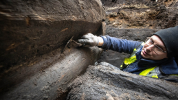 Archeolog toruńskiego Muzeum Okręgowego Jakub Henryk Dzieruk podczas prac przy fragmencie nieznanych wcześniej drewnianych konstrukcji z XIII w. odkrytych na dziedzińcu Domu Mikołaja Kopernika w Toruniu. Fot. PAP/Tytus Żmijewski