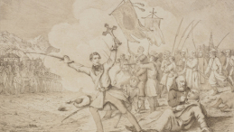 Edward Dembowski na czele procesji z 27 lutego 1846 na akwaforcie Józefa Bohdana Dziekońskiego. Źródło: Józef Bohdan Dziekoński, Public domain, via Wikimedia Commons