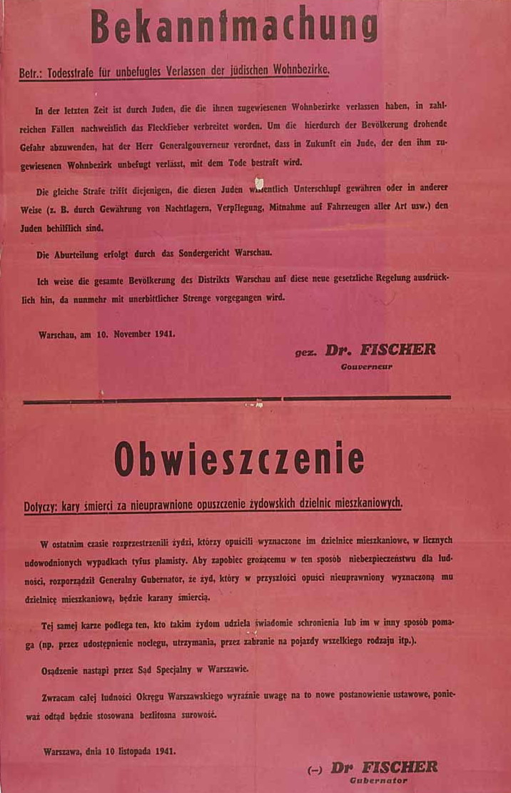Obwieszczenie z 1941 r. o zakazie opuszczenia getta przez Żydów pod karą śmierci i zakazie udzielania pomocy Żydom przez Polaków. Źródło: Wikimedia Commons