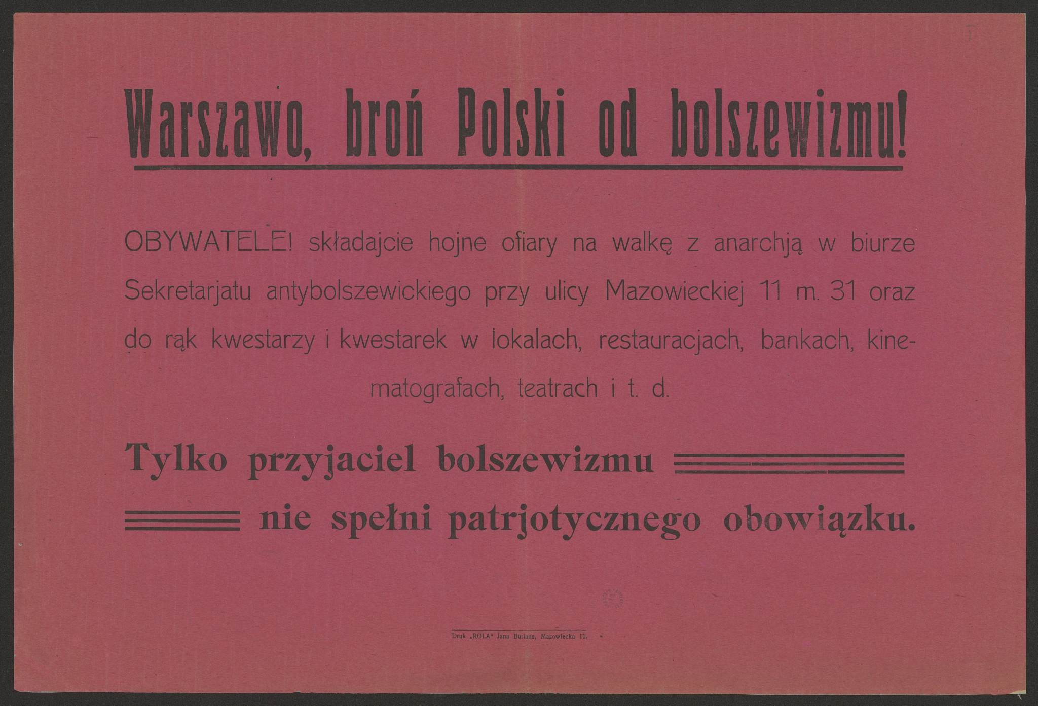 1920 r. Ulotka skierowana do mieszkańców Warszawy. Źródło: Biblioteka Narodowa