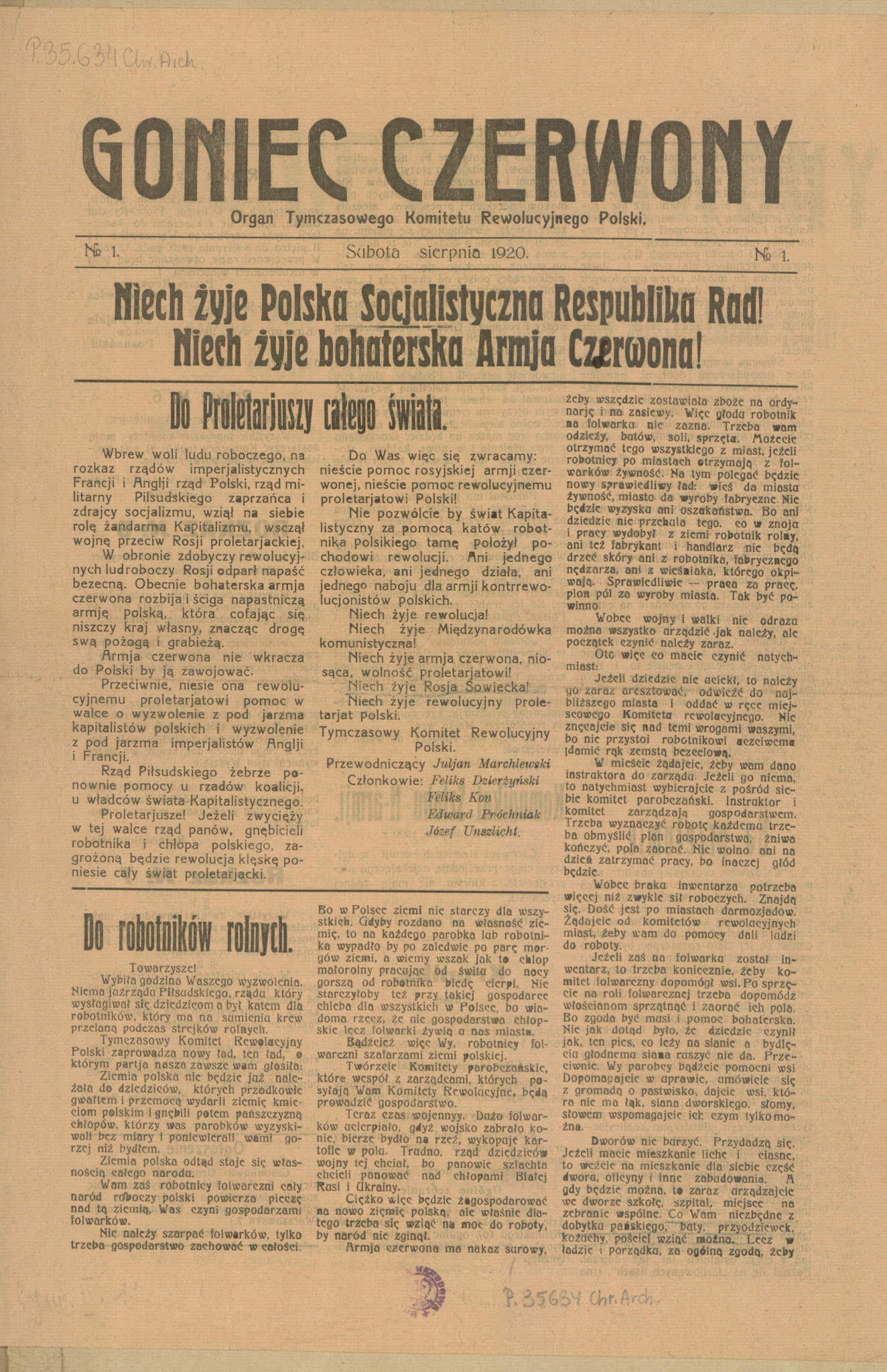 „Goniec Czerwony” – gazeta wydawana przez Tymczasowy Komitet Rewolucyjny Polski. Wydanie z 7 sierpnia 1920 r. Źródło: Biblioteka Narodowa