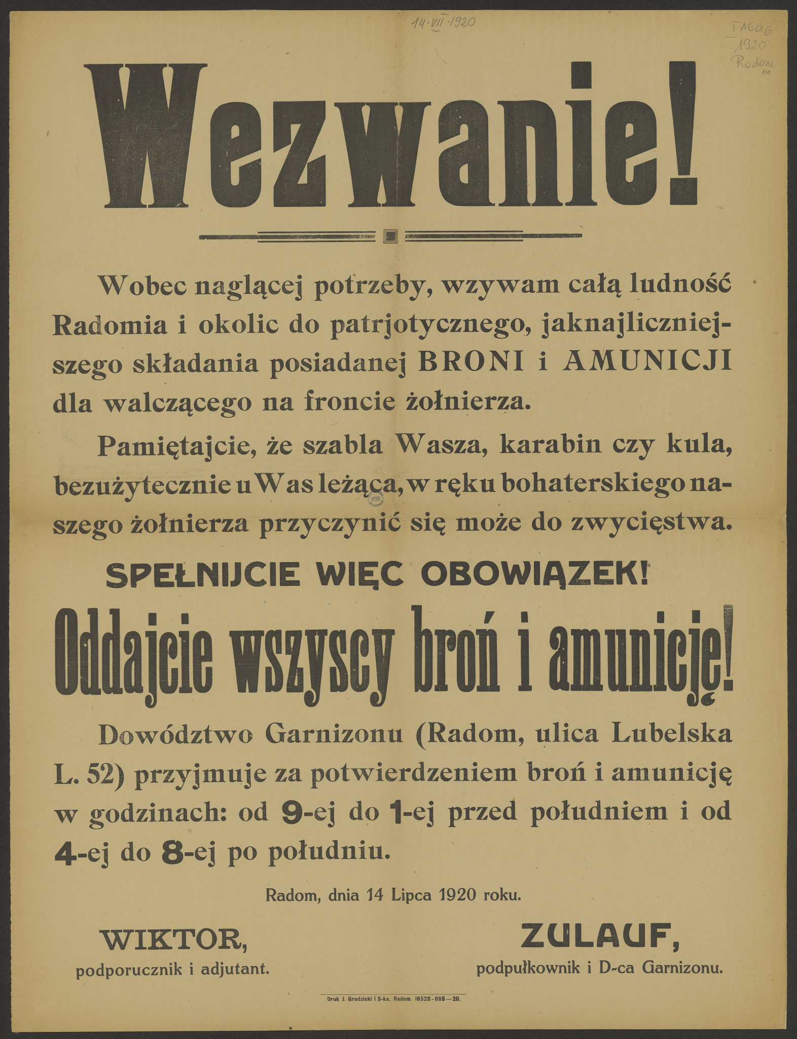 Radom, 14 lipca 1920 r. Ulotka z apelem do mieszkańców. Źródło: Biblioteka Narodowa/Polona