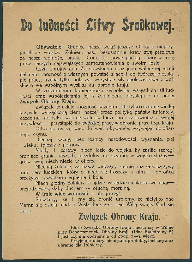 Wilno, październik 1920 r. Odezwa wydana po zajęciu miasta przez oddziały gen. Lucjana Żeligowskiego. Źródło: Biblioteka Narodowa