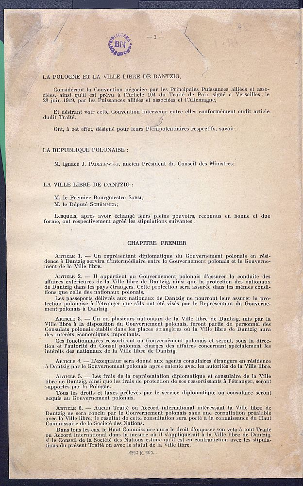 Pierwsze karty konwencji podpisanej w Paryżu 9 listopada 1920 r. przez Polskę i Wolne Miasto Gdańsk. Źródło: Biblioteka Narodowa