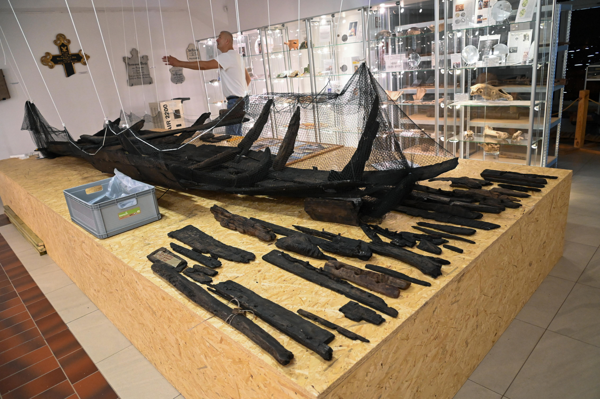 Muzeum w Kamieniu Pomorskim składa fragmenty wczesnośredniowiecznej łodzi. Fot. PAP/Marcin Bielecki