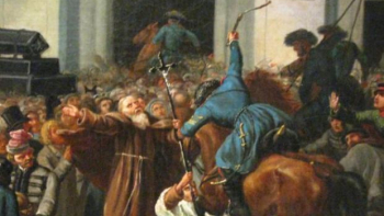 Demonstracja patriotyczna zaatakowana przez kozaków (27 luty 1861 r.).. Źródło: Wikimedia Commons