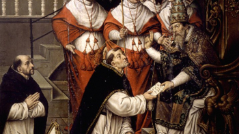 Zatwierdzenie przez papieża Honoriusza III zakonu dominikanów – obraz ze zbiorów Muzeum Sztuk Pięknych w Walencji. Źródło: Wikimedia Commons