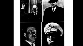 Przywódcy Wielkiej Brytanii, Francji, Niemiec i Włoch – Neville Chamberlain, Edouard Daladier, Adolf Hitler i Benito Mussolini. Okładka "Naszego Przeglądu Ilustrowanego" (dodatku do pisma "Nasz Przegląd") z 2 X 1938 r. Źródło: CBN Polona