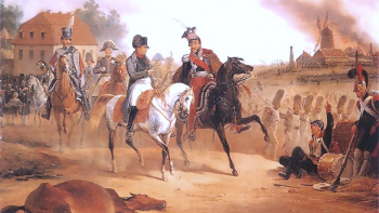 Napoleon i Józef Poniatowski pod Lipskiem - obraz Januarego Suchodolskiego. Źródło: Wikimedia Commons