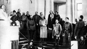 Otwarcie Sejmu Ustawodawczego w Warszawie, widoczny m.in. naczelnik państwa Józef Piłsudski. 10.02.1919. Fot. NAC