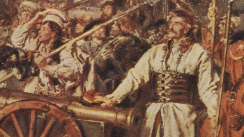 Bartosz Głowacki przy zdobytej armacie – fragment obrazu Jana Matejki „Kościuszko pod Racławicami”. Źródło: CBN Polona