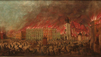 Teodor Baltazar Stachowicz – Pożar Krakowa, Rynek Główny, lipiec 1850 r. Źródło: Wikimedia Commons