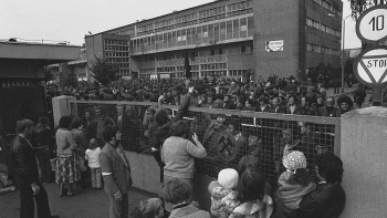 Strajk górników w Kopalni Węgla Kamiennego Manifest Lipcowy: rodziny strajkujących przy ogrodzeniu kopalni. Jastrzębie Zdrój, 2-3.09.1980 r. Fot. PAP/S. Jakubowski