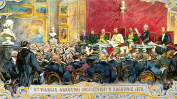 „Otwarcie Akademii Umiejętności w Krakowie w 1873” Juliusza Kossaka. Źródło: Wikimedia Commons