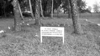 Miejsce, gdzie stała stodoła, do której Niemcy spędzili ludność. 17 lipca 1943 r. Krasowo-Częstki, 1985 r. Fot. PAP/L. Wawrynkiewicz