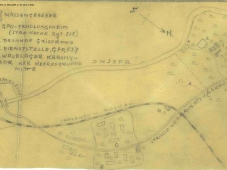 Mapa dokumentująca masowe groby w Katyniu, opracowana przez Gregora Slowenczika, reportera niemieckiej armii. Źródło: U.S. National Archives