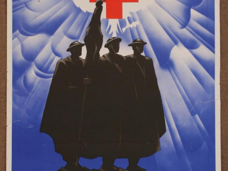 Plakat autorstwa Mariana Walentynowicza, Wesprzyj Polski Czerwony Krzyż pomożesz walczącym o Wolność. Zbiory  Muzeum Wojska Polskiego