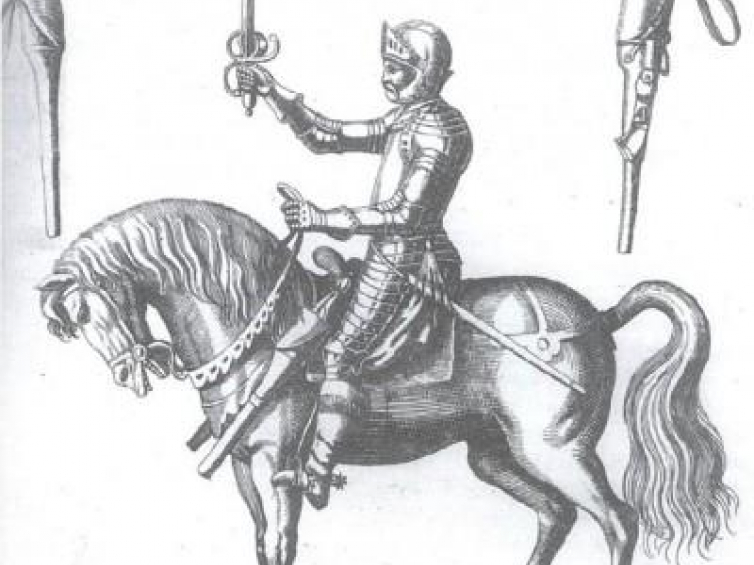 Ciężko uzbrojony rajtar z początków XVII w. Jego główna broń to dwa pistolety umieszczone przy siodle. Źródło: MHP