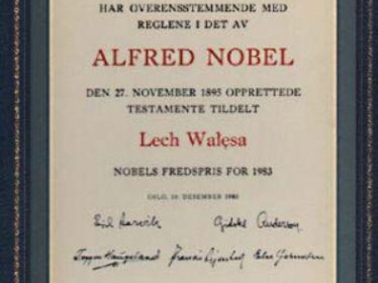 Dyplom Norweskiego Komitetu Noblowskiego dla Lecha Wałęsy, 1983 r.