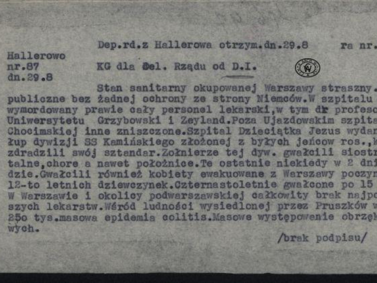 Komenda Główna AK do Delegata Rządu. 29.08.1944. Źródło: CAW