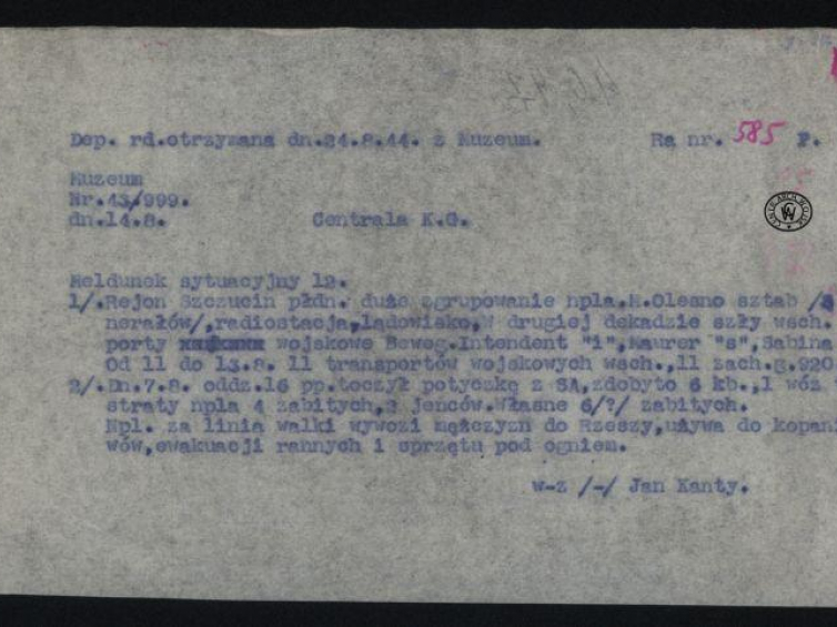 Meldunek sytuacyjny z rejonu Szczucina z 24.08.1944. Źródło: CAW