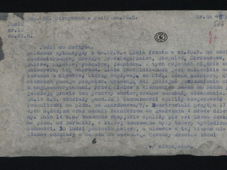 Meldunek sytuacyjny z linii frontu z 26.08.1944. Źródło: CAW