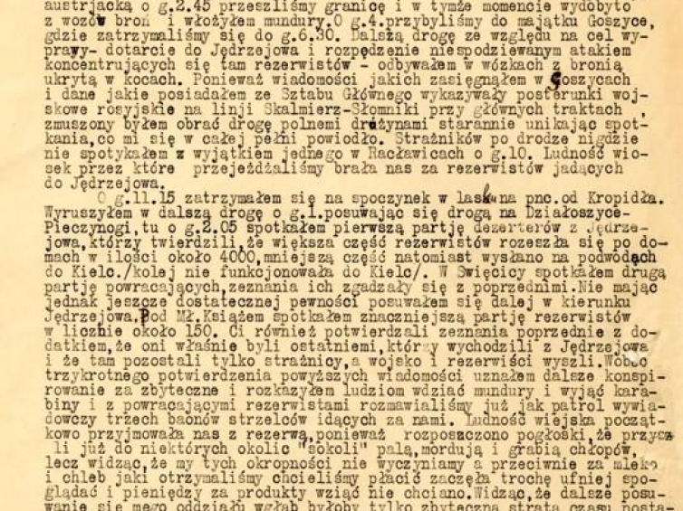Raport W. Beliny-Prażmowskiego z patrolu zwiadowczego. 05.08. 1914. Źródło: CAW