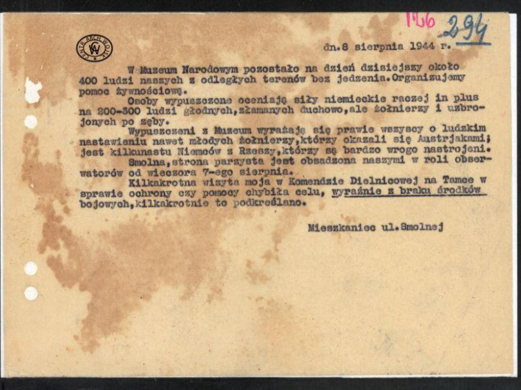 Relacja mieszkańca ul. Smolnej. 08.08.1944. Źródło: CAW
