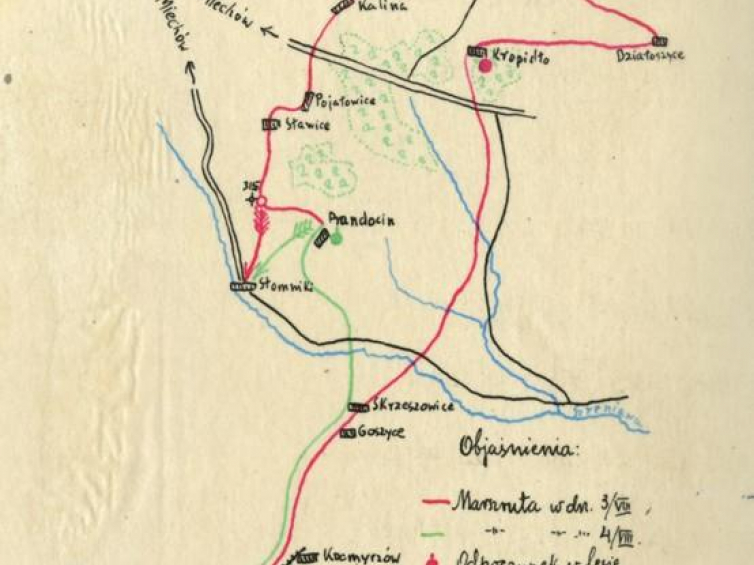 Szkic pierwszego patrolu zwiadowczego pod dowództwem W. Beliny-Prażmowskiego. 3-4.08. 1914. Źródło: CAW