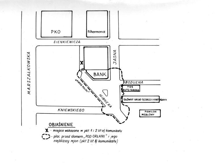 Szkic sytuacyjny napadu na konwojentów i kradzieży pieniędzy przed siedzibą III Oddziału Narodowego Banku Polskiego przy ulicy Jasnej, w domu „Pod Orłami” z 22 grudnia 1964 r. Fot. PAP/CAF