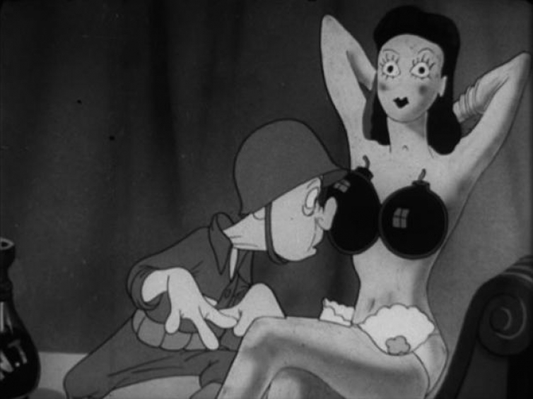 Kadr z filmu „Szeregowiec Snafu. Wybuchowa pułapka”. Reż.  B.Clampett, USA 1944. Źródło: Filmoteka Narodowa