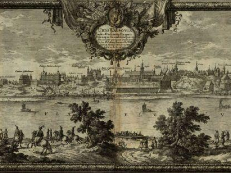 Widok Warszawy z 1656 r. Miedzioryt Nicolasa Perelle. Źródło: CBN Polona