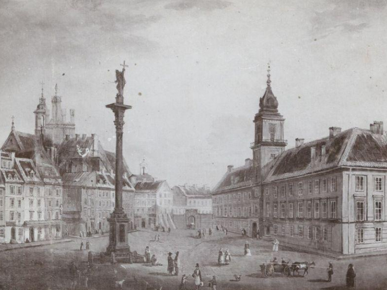 Fotografia wykonanego przed 1851 r. obrazu olejnego „Plac Zamkowy” autorstwa Jana Seydlitza. Źródło: CBN Polona