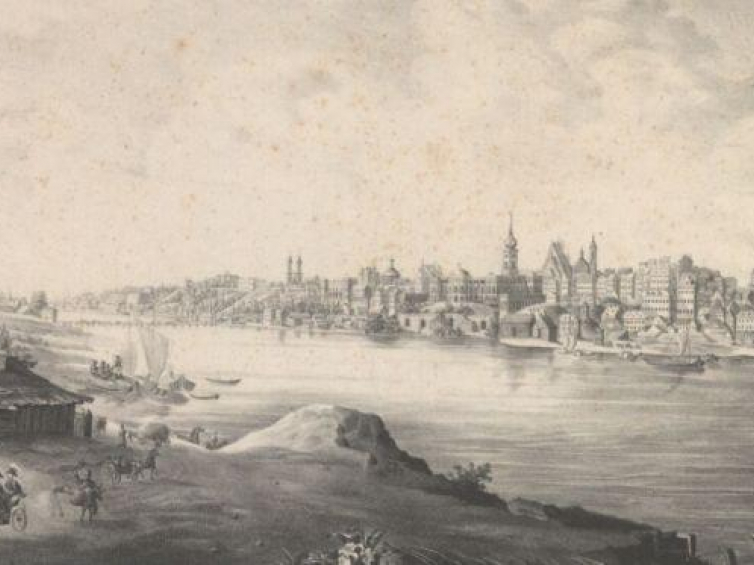 Fragment widoku Warszawy od strony Pragi. Ok. 1830 r. Źródło: CBN Polona