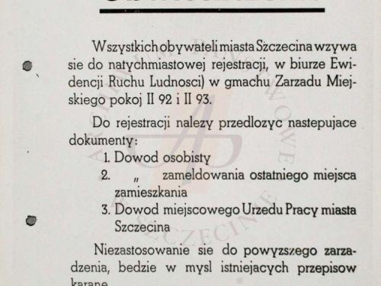 Obwieszczenie prezydenta miasta P. Zaremby. Źródło: Archiwum Państwowe w Szczecinie