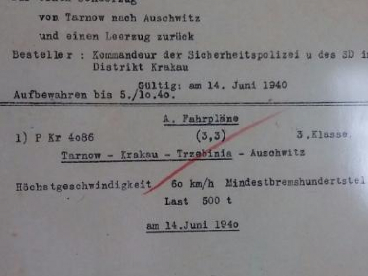 Dokument dot. I transportu do Auschwitz. Źródło: Fundacja Pobliskie Miejsca PamięciAuschwitz-Birkenau